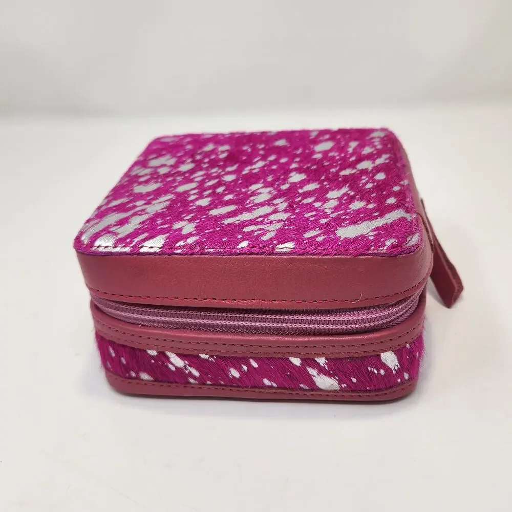 Western Linens Cowhide Leather Square Jewelry Case Box Pink Metallic Silver